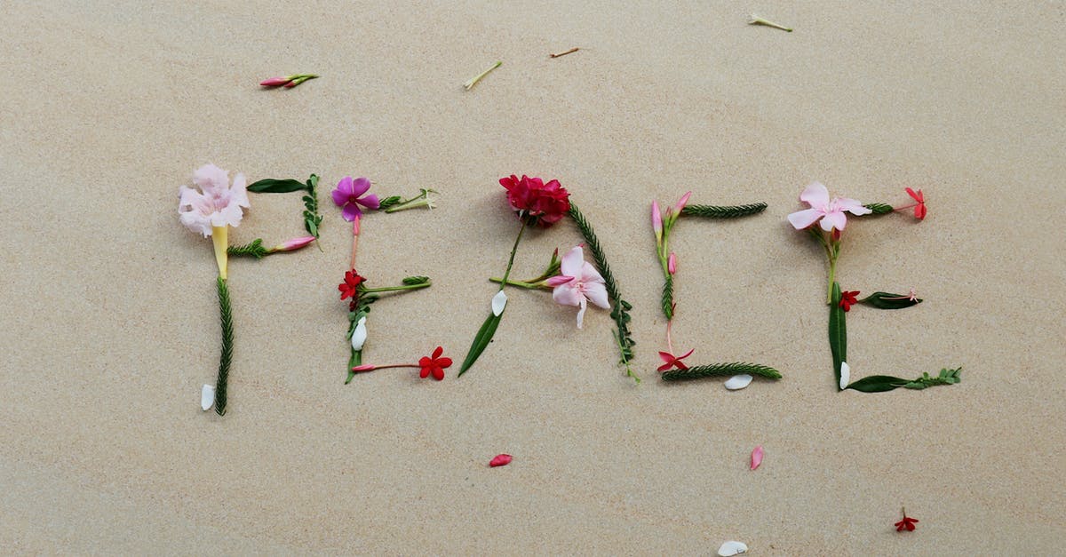 Alcatraz from shore? - Top view of composition made of gentle flowers and stems in shape of word peace on sandy beach Alcatraz from shore? - Top view of composition made of gentle flowers and stems in shape of word peace on sandy beach
