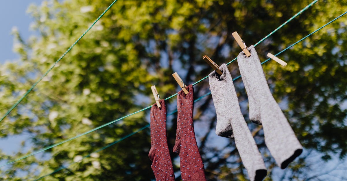 Appropriate clothing for Pantanal in Brasil during the dry season - From below of multicolored socks hanging and drying on rope in row with clothespins under green branches of tree in sunny summer day Appropriate clothing for Pantanal in Brasil during the dry season - From below of multicolored socks hanging and drying on rope in row with clothespins under green branches of tree in sunny summer day