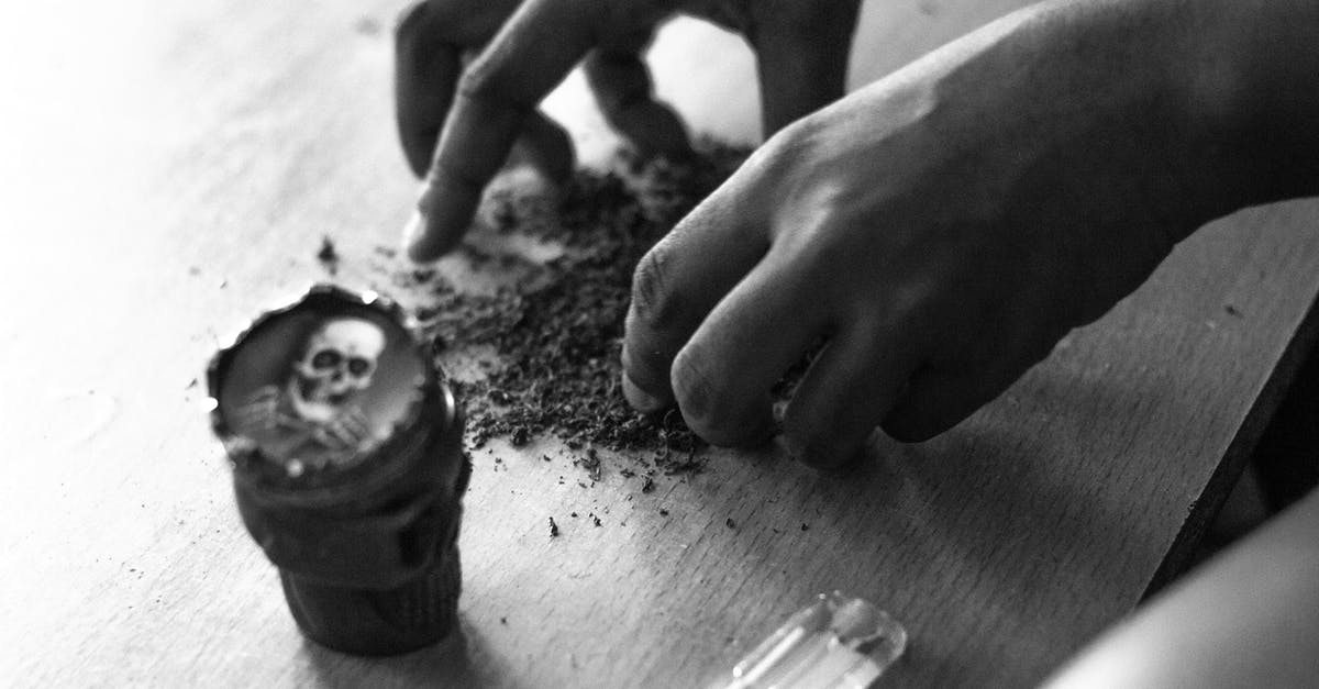 Bringing a medicine containing Cannabis Sativa from India to the Netherlands - From above of black and white crop anonymous male rolling up joint with weed at table with cup with skull Bringing a medicine containing Cannabis Sativa from India to the Netherlands - From above of black and white crop anonymous male rolling up joint with weed at table with cup with skull