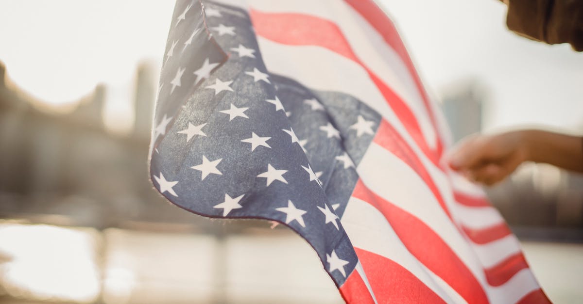 British citizen without e-passport wishing to visit USA in 2021 - From below of crop person holding national flag of United States of America waving in wind on street against city river British citizen without e-passport wishing to visit USA in 2021 - From below of crop person holding national flag of United States of America waving in wind on street against city river