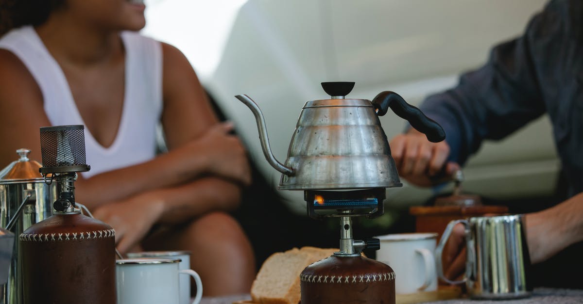 Camping stove on a plane? - Crop friends preparing coffee and boiling kettle on gas stove Camping stove on a plane? - Crop friends preparing coffee and boiling kettle on gas stove