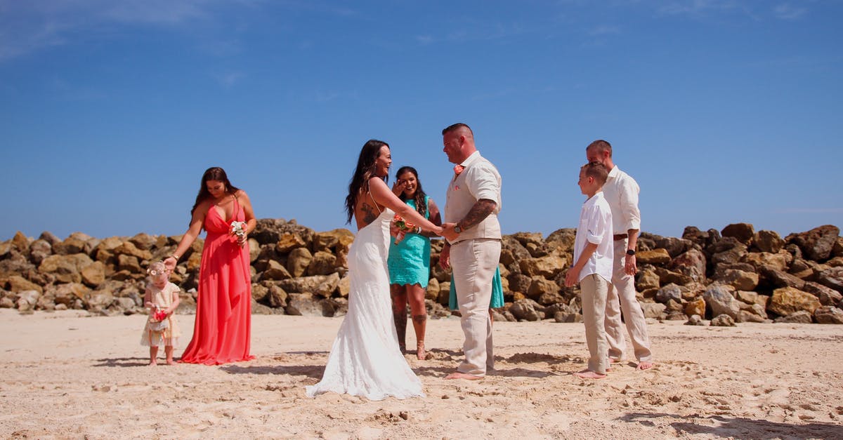Can I make an appeal to my UK Visa decision, denied after marriage and child where previously approved single [closed] - Full body of happy newlywed couple holding hands while spending time with relatives on sandy shore under clear blue sky