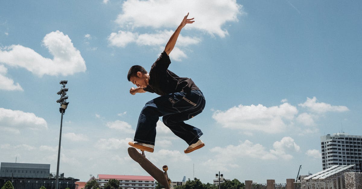 Can I roller skate on the street in France? - Full body of young male skater in casual outfit performing trick on skateboard in city street Can I roller skate on the street in France? - Full body of young male skater in casual outfit performing trick on skateboard in city street