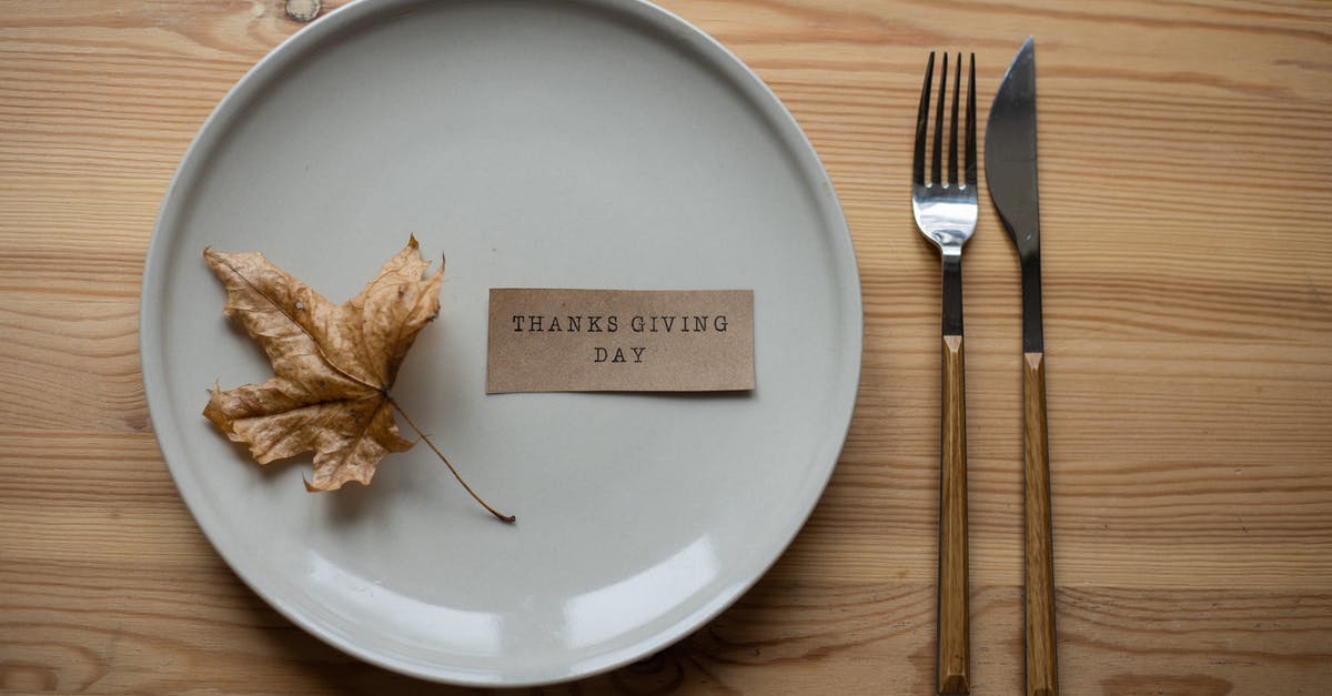 Can I take a metal knife and fork through airport security? - Top view layout of white porcelain plate with dry maple leaf and carton postcard with Thanks Giving Day Inscription placed in wooden table near fork and knife