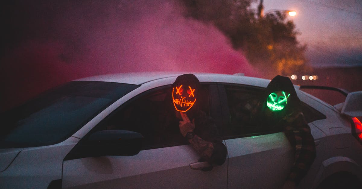 Can my friend legally drive my car in Canada? - Unrecognizable men in glowing Halloween masks driving car at night Can my friend legally drive my car in Canada? - Unrecognizable men in glowing Halloween masks driving car at night