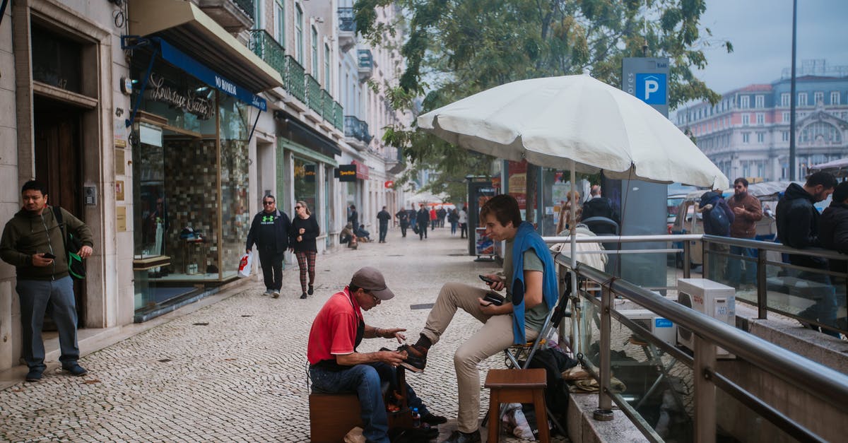 City trip planner tool - Young shoe shiner polishing boots of male tourist on street City trip planner tool - Young shoe shiner polishing boots of male tourist on street