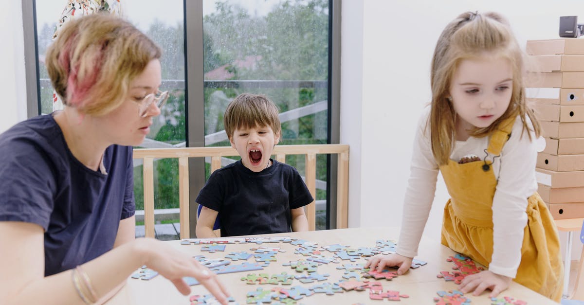 Collecting bonus miles from family flights on the Emirates Skywards program - Woman and Two Kids Collecting Puzzle