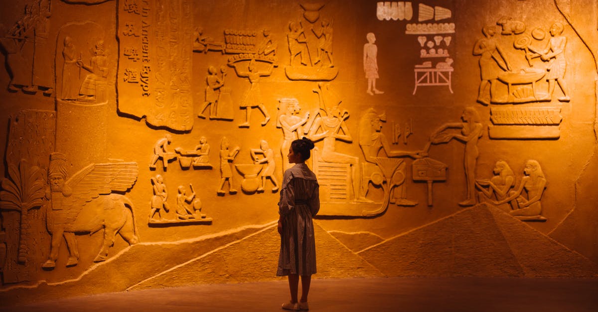 Computer/Technology oriented tourist attractions - Back view of anonymous female traveler standing near ancient wall with Egyptian engraving Computer/Technology oriented tourist attractions - Back view of anonymous female traveler standing near ancient wall with Egyptian engraving