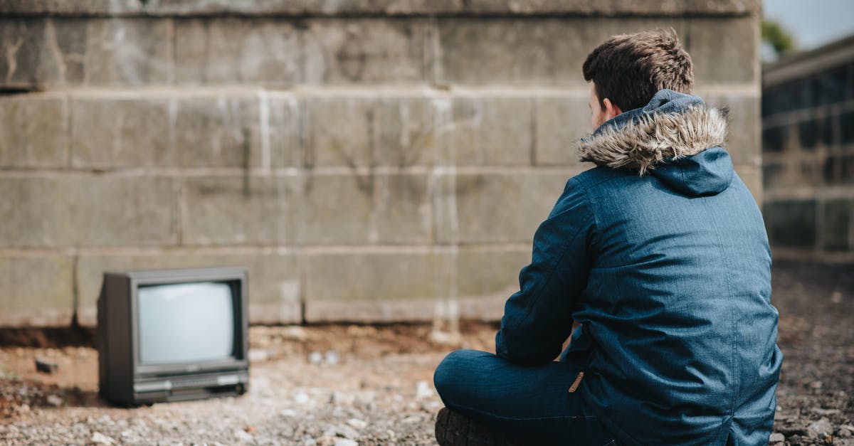 Crossing a border several times to increase duty free allowance - Back view of unrecognizable male in outerwear sitting on ground against shabby concrete wall with graffiti while looking at screen of vintage television on blurred background Crossing a border several times to increase duty free allowance - Back view of unrecognizable male in outerwear sitting on ground against shabby concrete wall with graffiti while looking at screen of vintage television on blurred background