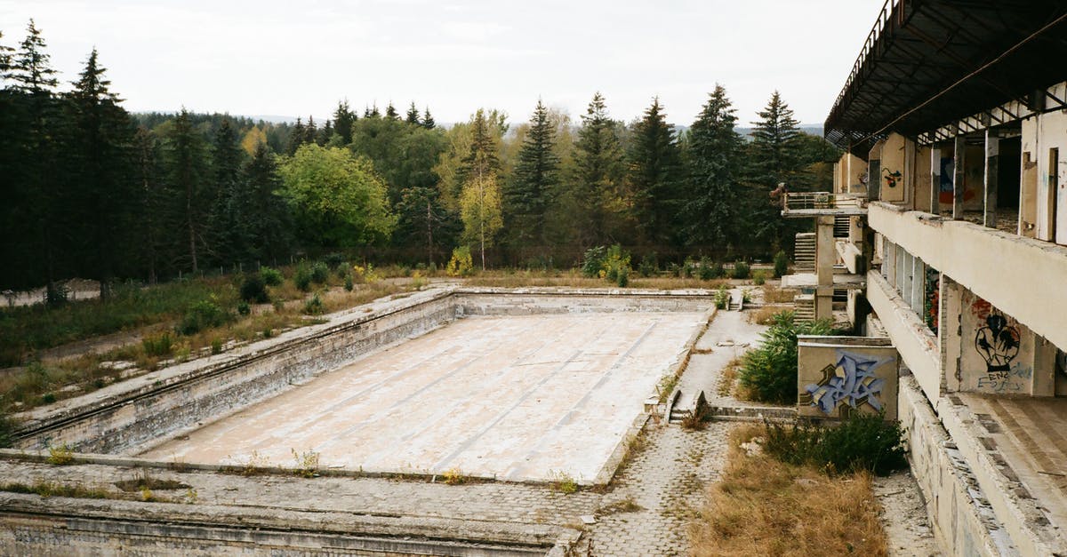 Damage insurance in a hotel (UK) - Forest around abandoned building with swimming pool Damage insurance in a hotel (UK) - Forest around abandoned building with swimming pool