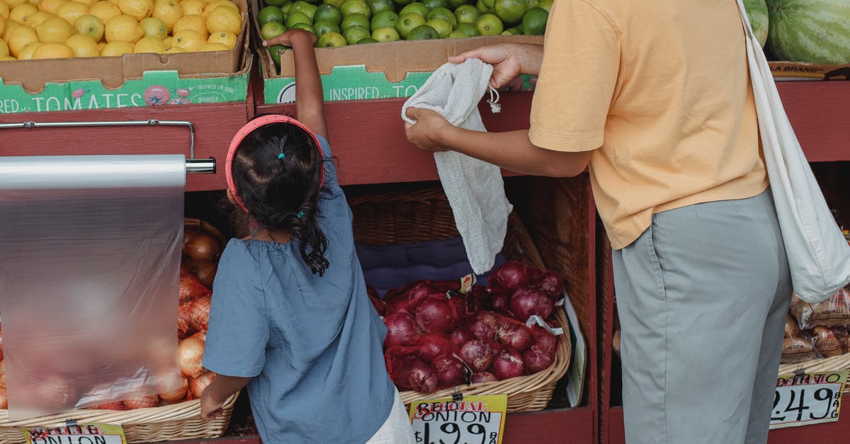 Do airlines recycle uneaten, unopened, pre-packaged food? - Back view of crop anonymous mother with reusable bag and girl choosing limes from box Do airlines recycle uneaten, unopened, pre-packaged food? - Back view of crop anonymous mother with reusable bag and girl choosing limes from box