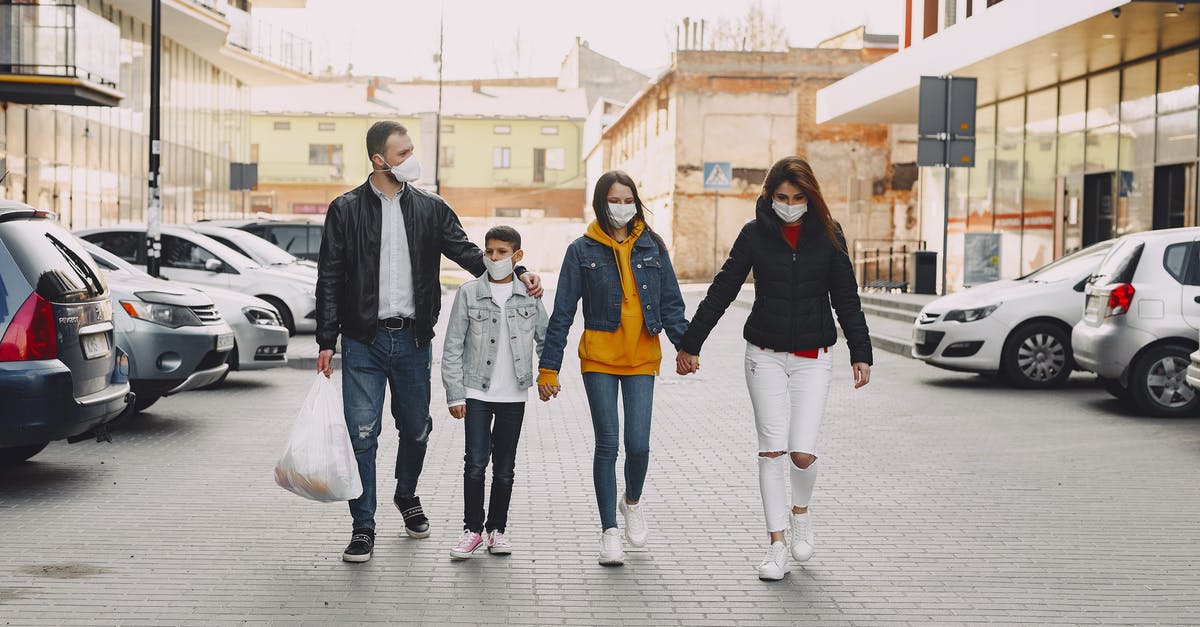 Do German shopping malls offer staffed children playrooms? - Young family in medical masks walking along parking Do German shopping malls offer staffed children playrooms? - Young family in medical masks walking along parking