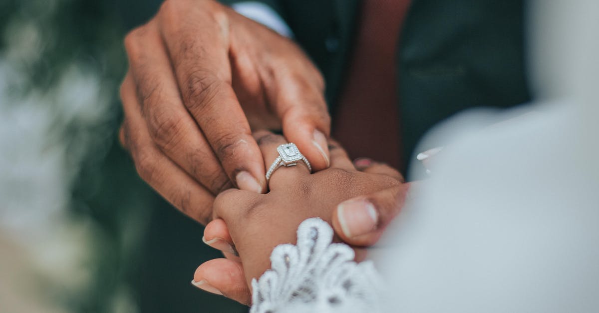 Do I have to pay Canadian taxes on an engagement ring my fiancé got me in the US? - Crop faceless groom putting wedding ring on finger of anonymous bride in white wear against blurred background during wedding ceremony