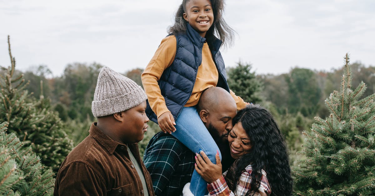 Do I need to buy a return ticket for my son coming here to Malaysia? - Happy African American family hugging and kissing in green lush spruce under cloudy gloomy sky