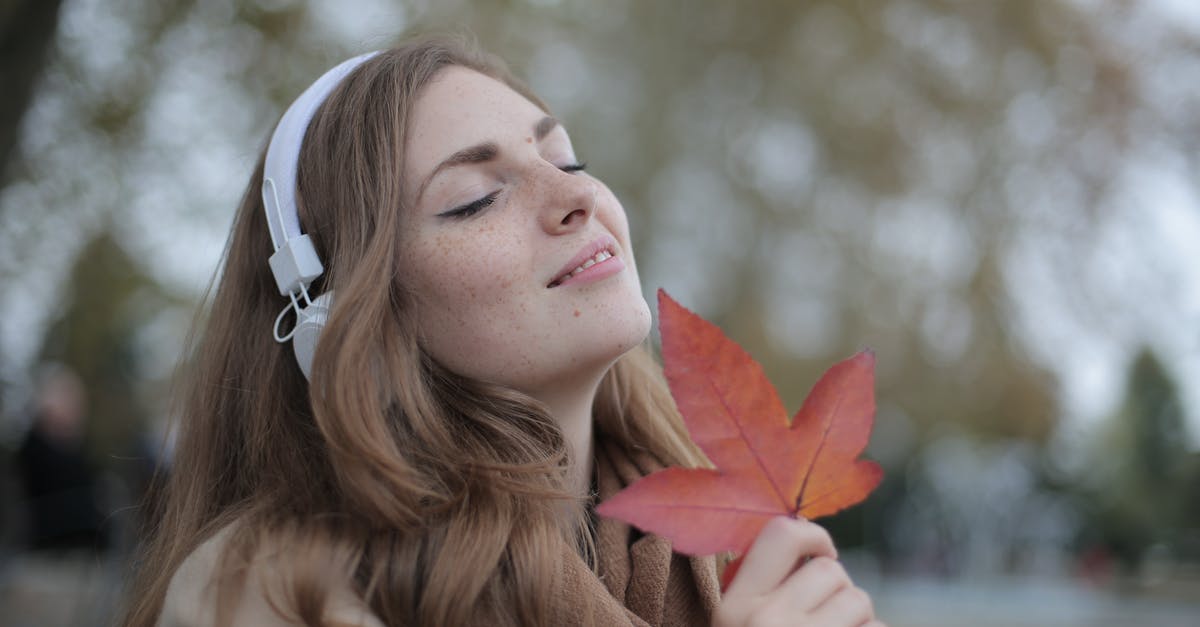 Do the Canadian Rockies lack red foliage in autumn? - Young satisfied woman in headphones with fresh red leaf listening to music with pleasure while lounging in autumn park Do the Canadian Rockies lack red foliage in autumn? - Young satisfied woman in headphones with fresh red leaf listening to music with pleasure while lounging in autumn park