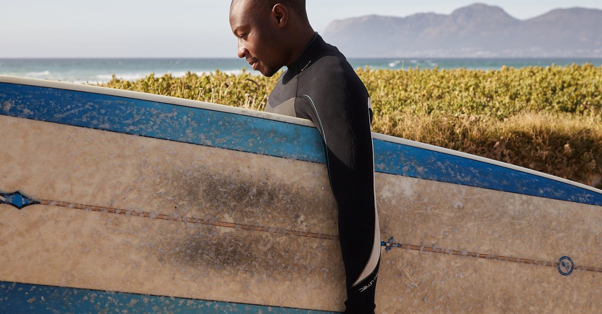Does a suit fit in a carry-on bag or rollaboard? - Black athlete with old surfboard near shrubs on beach Does a suit fit in a carry-on bag or rollaboard? - Black athlete with old surfboard near shrubs on beach