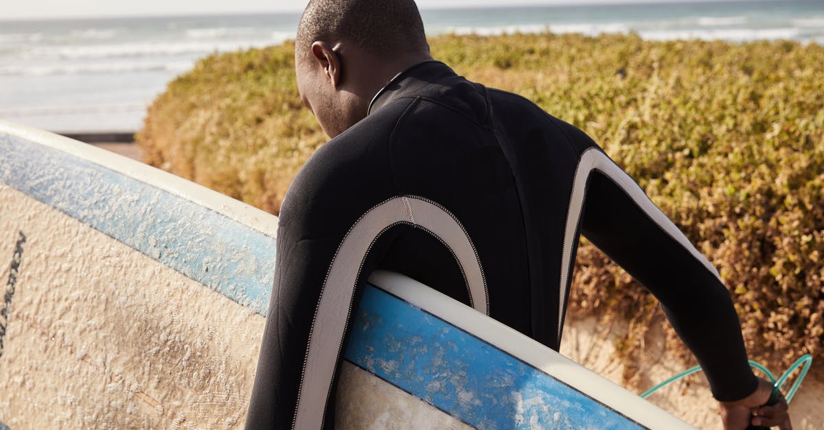Does a suit fit in a carry-on bag or rollaboard? - Back view of anonymous ethnic sportsman in diving suit carrying surfboard near shrubs and ocean Does a suit fit in a carry-on bag or rollaboard? - Back view of anonymous ethnic sportsman in diving suit carrying surfboard near shrubs and ocean
