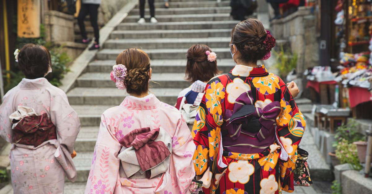 Dressing up as a Geisha/Maiko in Japan - Back view of unrecognizable women with neat hairstyle in traditional kimonos walking on paved street in oriental city Dressing up as a Geisha/Maiko in Japan - Back view of unrecognizable women with neat hairstyle in traditional kimonos walking on paved street in oriental city