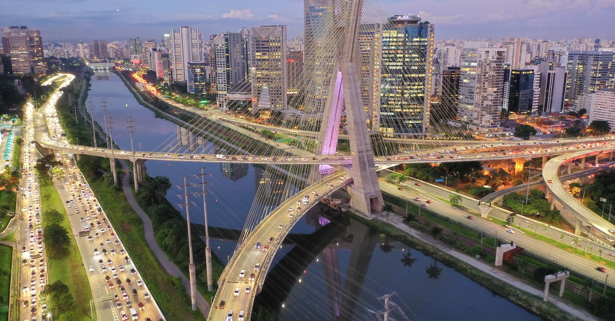 Dual Argentinian and US citizenship traveling to Brazil - From above of modern bridge crossing river with modern skyscrapers and green trees against cloudy and blue sky Dual Argentinian and US citizenship traveling to Brazil - From above of modern bridge crossing river with modern skyscrapers and green trees against cloudy and blue sky