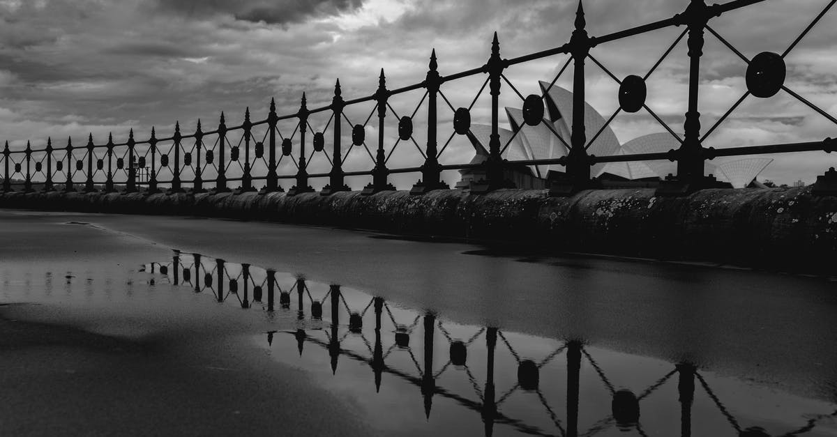 Dual national UK and Australia - Black and white famous white Sydney Opera House behind embankment metal railing on overcast rainy day Dual national UK and Australia - Black and white famous white Sydney Opera House behind embankment metal railing on overcast rainy day