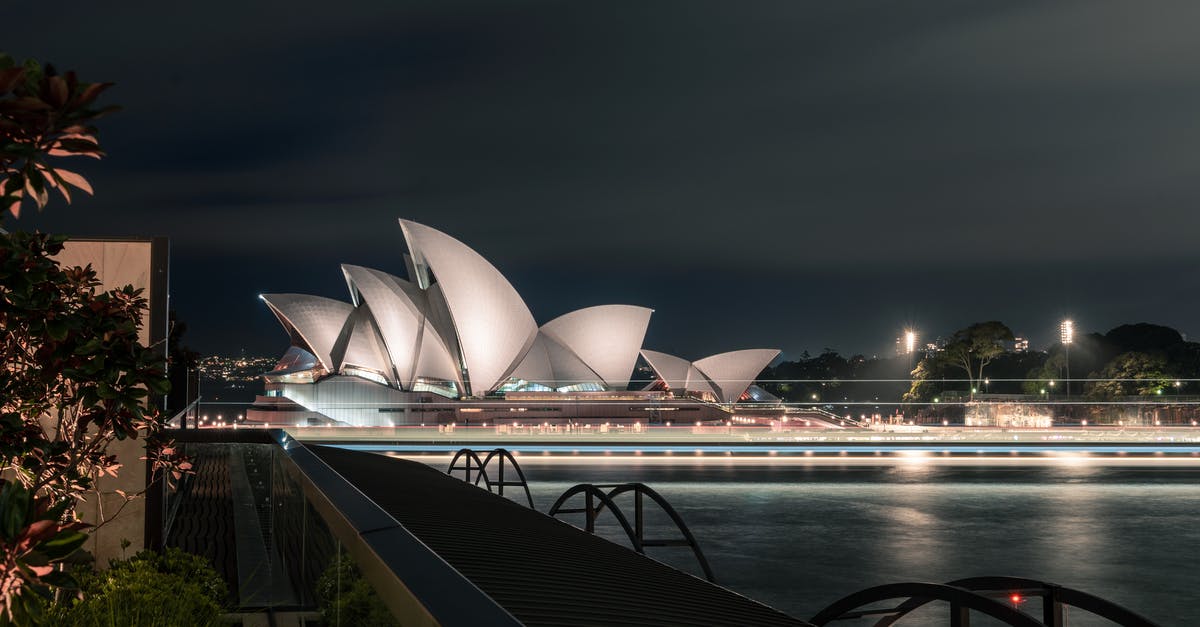 Dual national UK and Australia - Unusual design of white Sydney Opera House with large concrete panels forming shells located on city harbor at night Dual national UK and Australia - Unusual design of white Sydney Opera House with large concrete panels forming shells located on city harbor at night