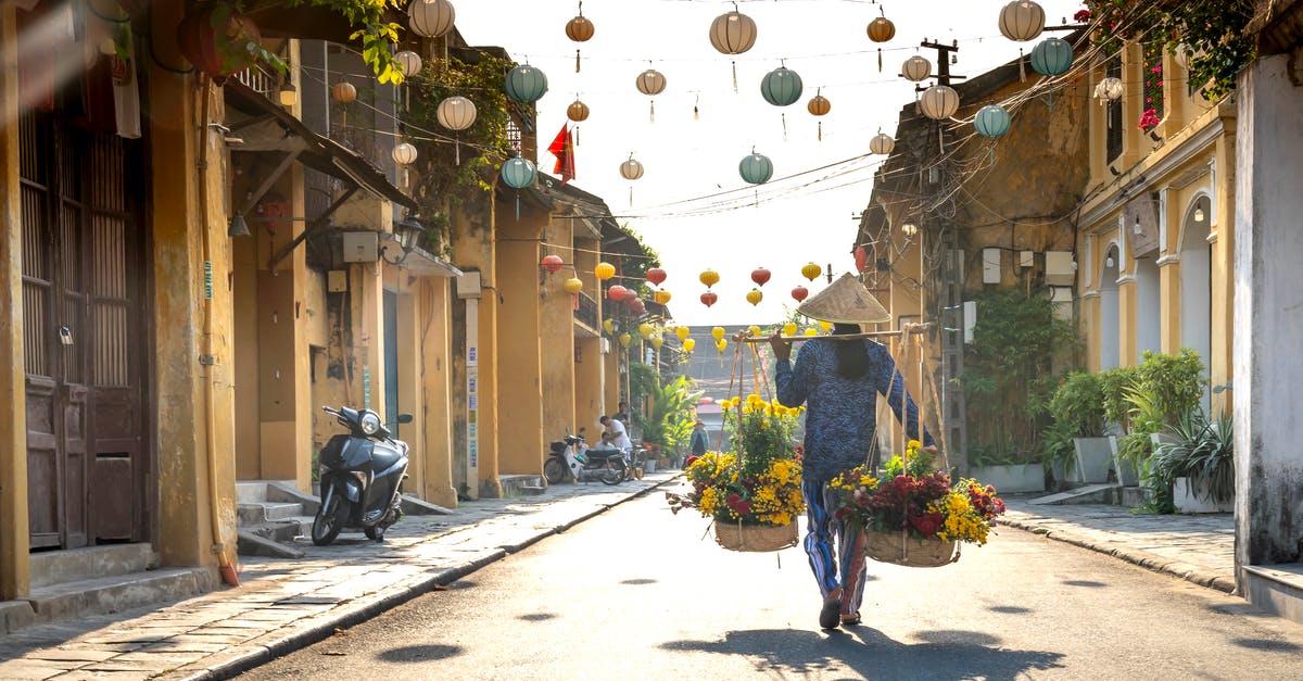 Easiest way to carry two laptops to India and back from USA? [duplicate] - Back view of faceless Asian female flower seller in casual clothes and conical straw hat walking along asphalt road between residential buildings and carrying wicker baskets hanging on pole