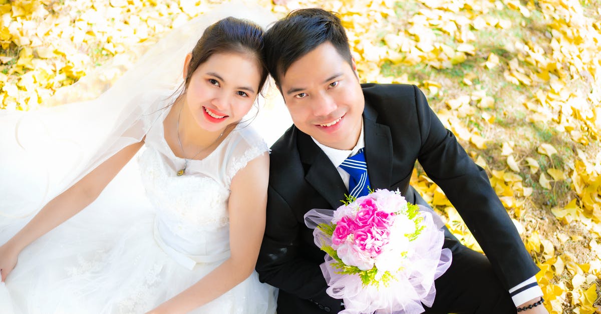 Fall events in Madrid - Portrait of a Smiling Bride and Groom in a Park at Fall Fall events in Madrid - Portrait of a Smiling Bride and Groom in a Park at Fall