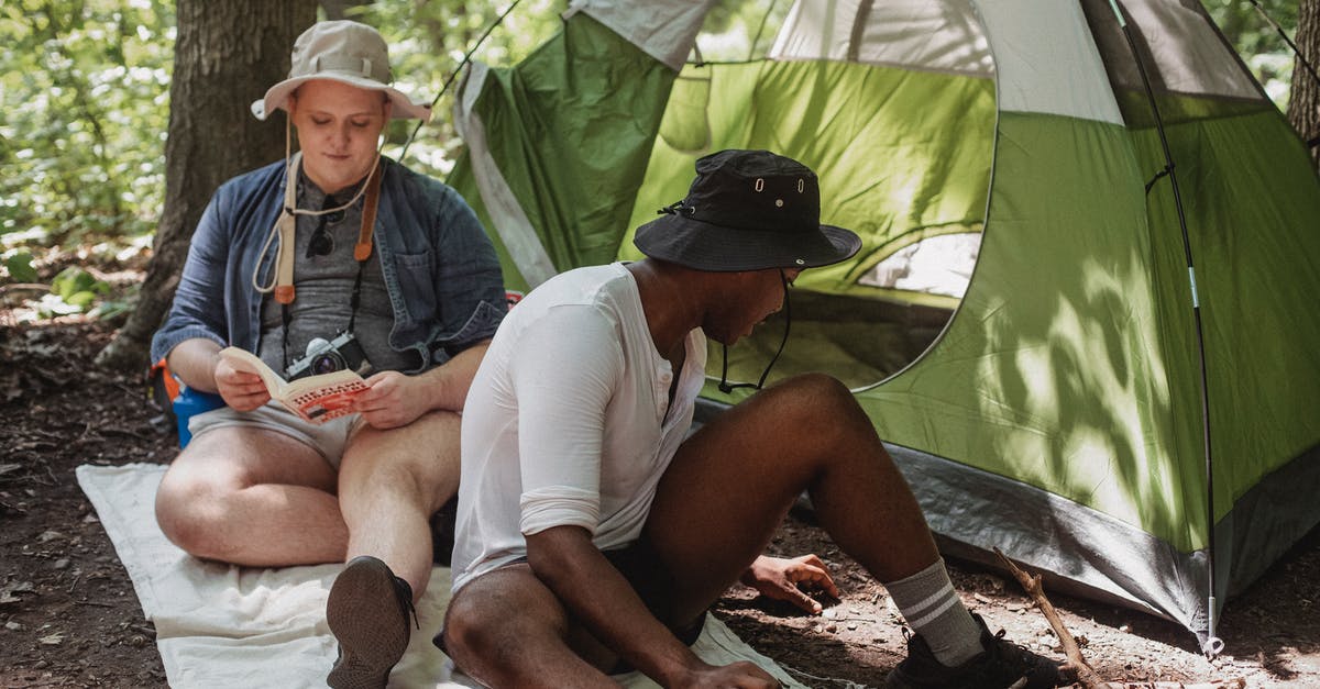 Free camping in Uk, Belgium, Netherlands - is it legal? - Positive male traveler with retro camera reading interesting book while faceless African American friend sitting near green tent with dry firewood Free camping in Uk, Belgium, Netherlands - is it legal? - Positive male traveler with retro camera reading interesting book while faceless African American friend sitting near green tent with dry firewood