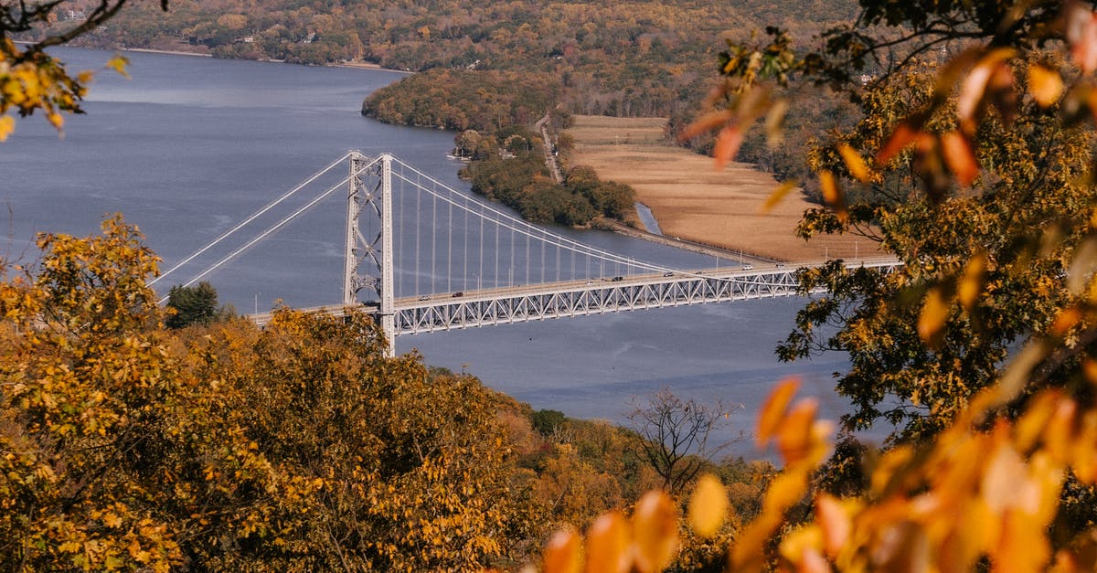 From what point could you view the most US states? - Suspension bridge over calm river flowing through hilly terrain covered with lush autumn trees