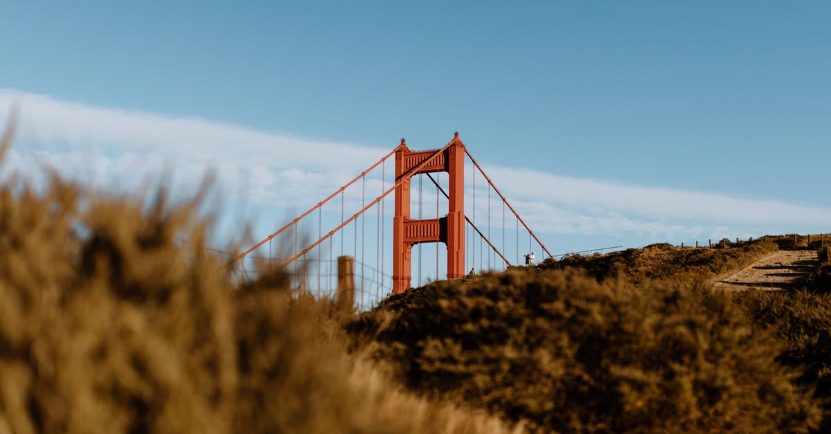 Gate checking a stroller at San Francisco with Singapore Airlines - Modern famous suspension Golden Gates located near slopes covered with grass against blue sky in San Francisco on sunny day