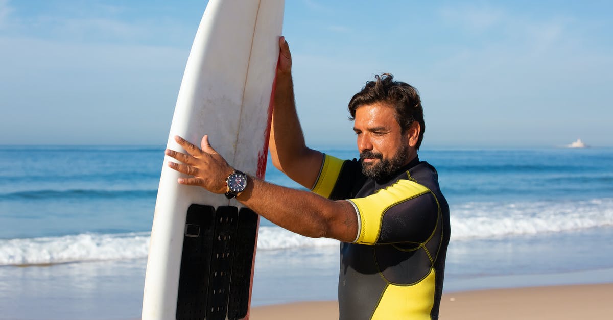 Good places to visit Dead Sea on the Israeli side - Side view content ethnic male surfer in wetsuit standing with surfboard on sunny seashore against waving blue sea on clear weather