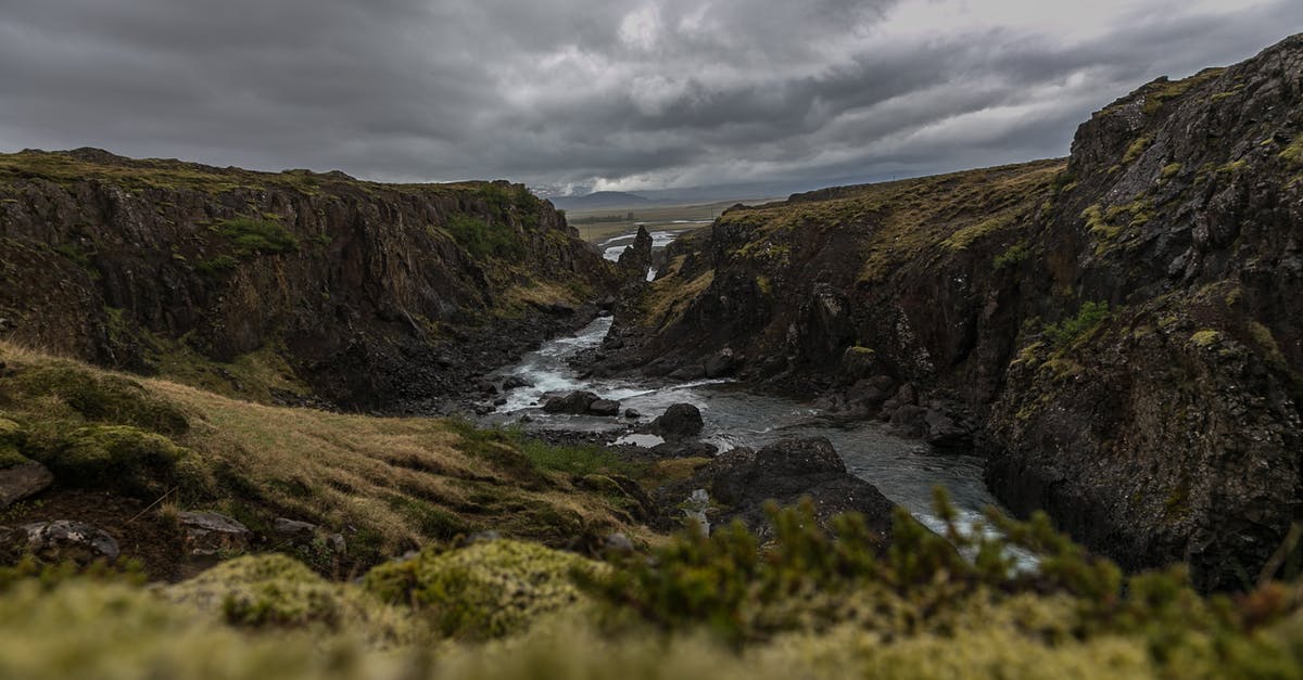 Hiking across Iceland - Aerial Photography of River Between Cliffs Hiking across Iceland - Aerial Photography of River Between Cliffs