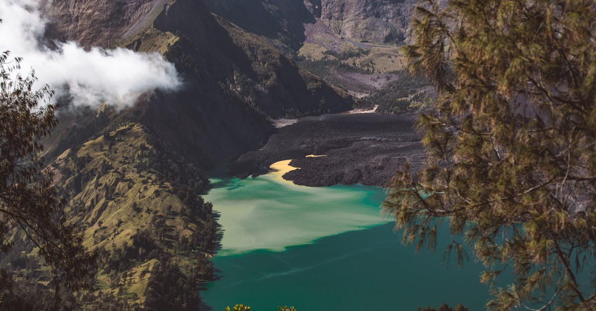Hiking along Mount Aso volcano's caldera - Picturesque turquoise Segara Anak lake located in volcano caldera and surrounded by rocky hills Hiking along Mount Aso volcano's caldera - Picturesque turquoise Segara Anak lake located in volcano caldera and surrounded by rocky hills