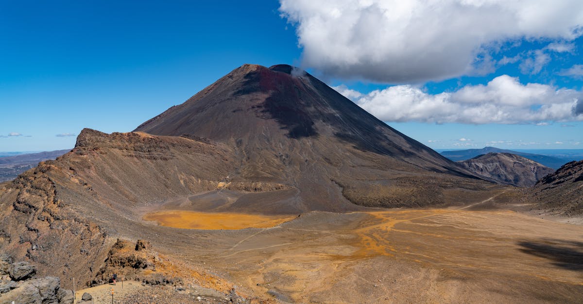 Hiking along Mount Aso volcano's caldera - Picturesque scenery of white clouds floating in blue sky over volcanic Mount Tongariro located in New Zealand Hiking along Mount Aso volcano's caldera - Picturesque scenery of white clouds floating in blue sky over volcanic Mount Tongariro located in New Zealand