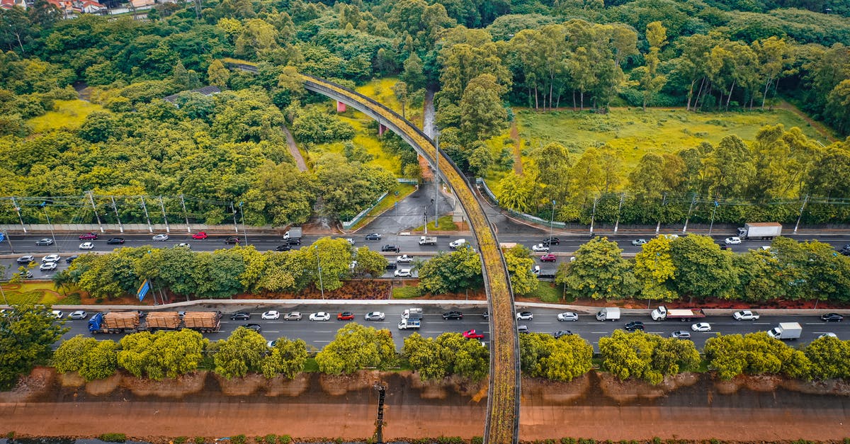 How busy is the E50/D1 motorway in Czech Republic? - Drone view of busy multilane road with driving cars between lush leafy trees in suburban area How busy is the E50/D1 motorway in Czech Republic? - Drone view of busy multilane road with driving cars between lush leafy trees in suburban area