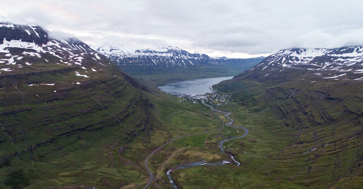 How can I view the shortest distance between two islands? [closed] - Spectacular aerial view of narrow river flowing into lake between green slopes of mountains with snow caps under overcast sky