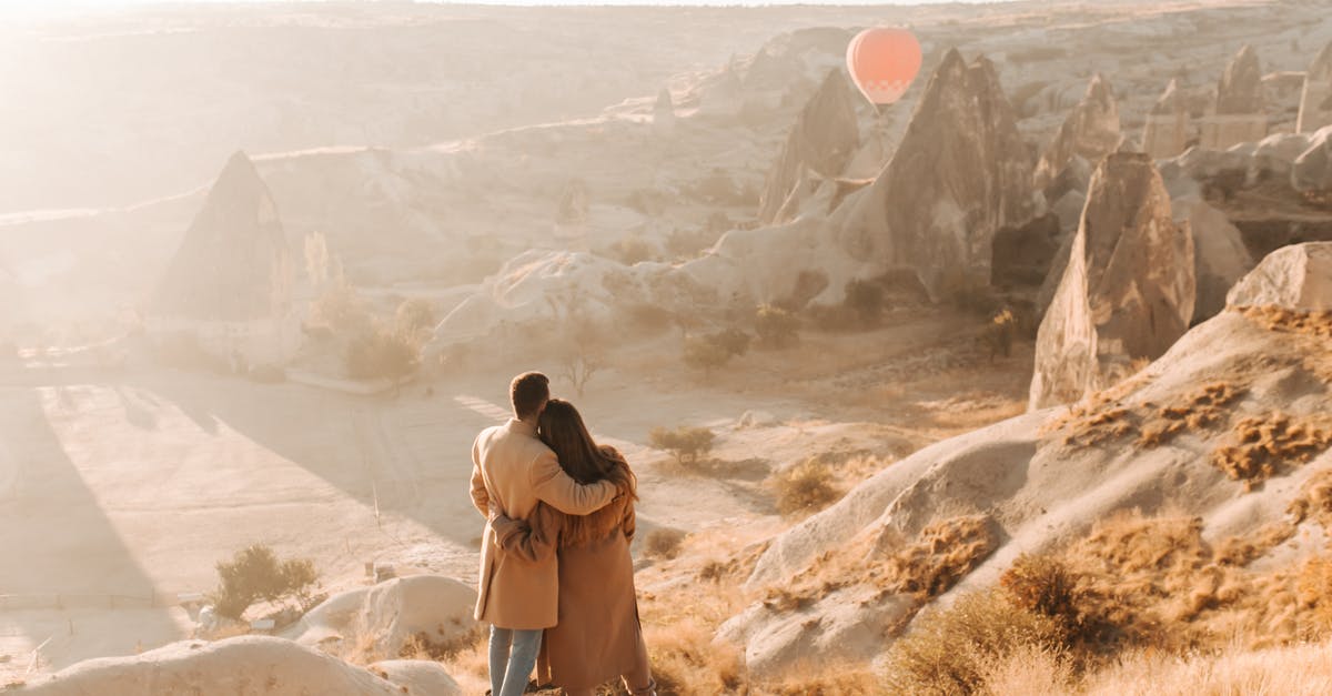 How do we get from Fethiye/Dalaman to Cappadocia by bus? - Back View of a Couple Looking at a Hot Air Balloon Flying