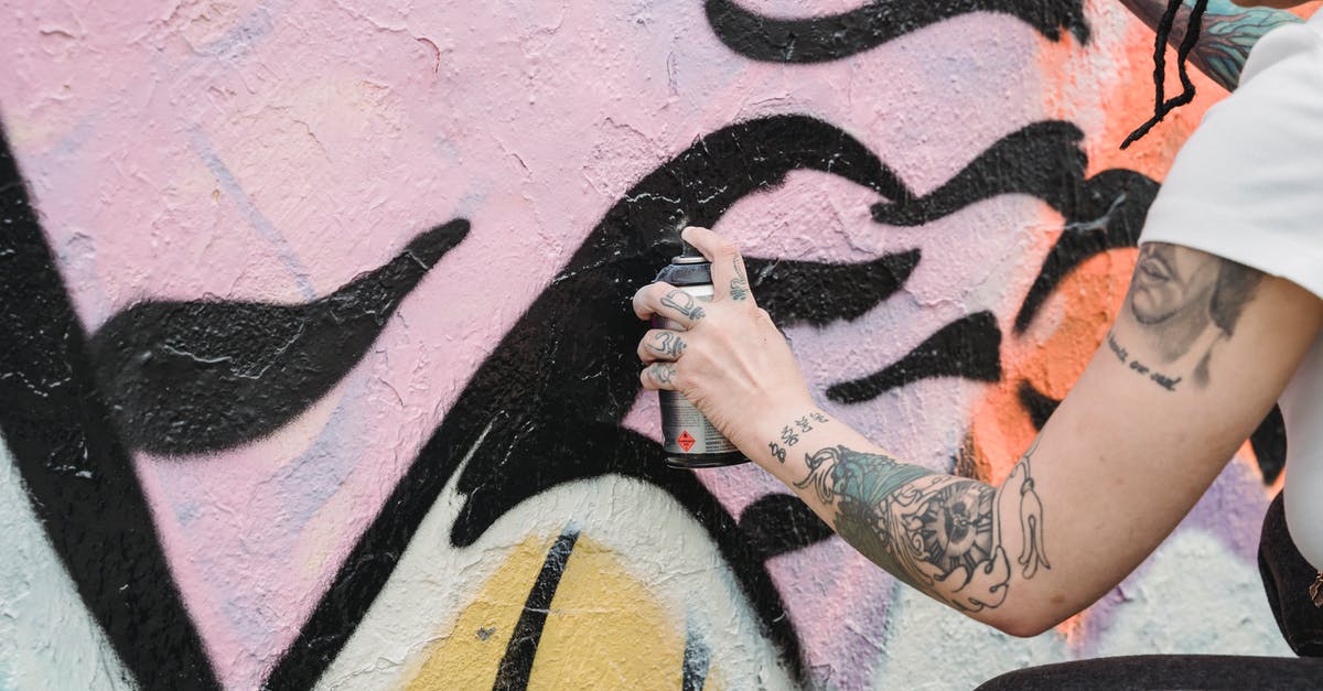 How far in advance can I apply for a B2 visa? - Side view of crop unrecognizable female artist with tattoos spraying paint on colorful wall with black patterns on street in city