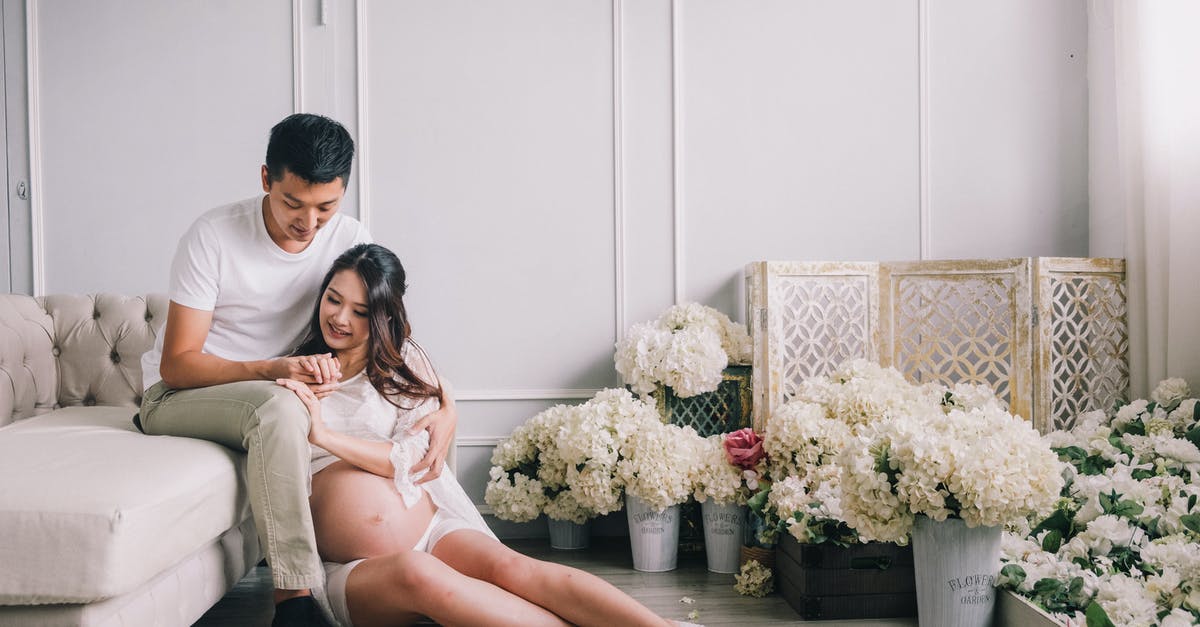 How long should I wait to take my parents on B2 visa to USA? [closed] - Happy young Asian male and pregnant female sitting together among white flowers in elegant living room