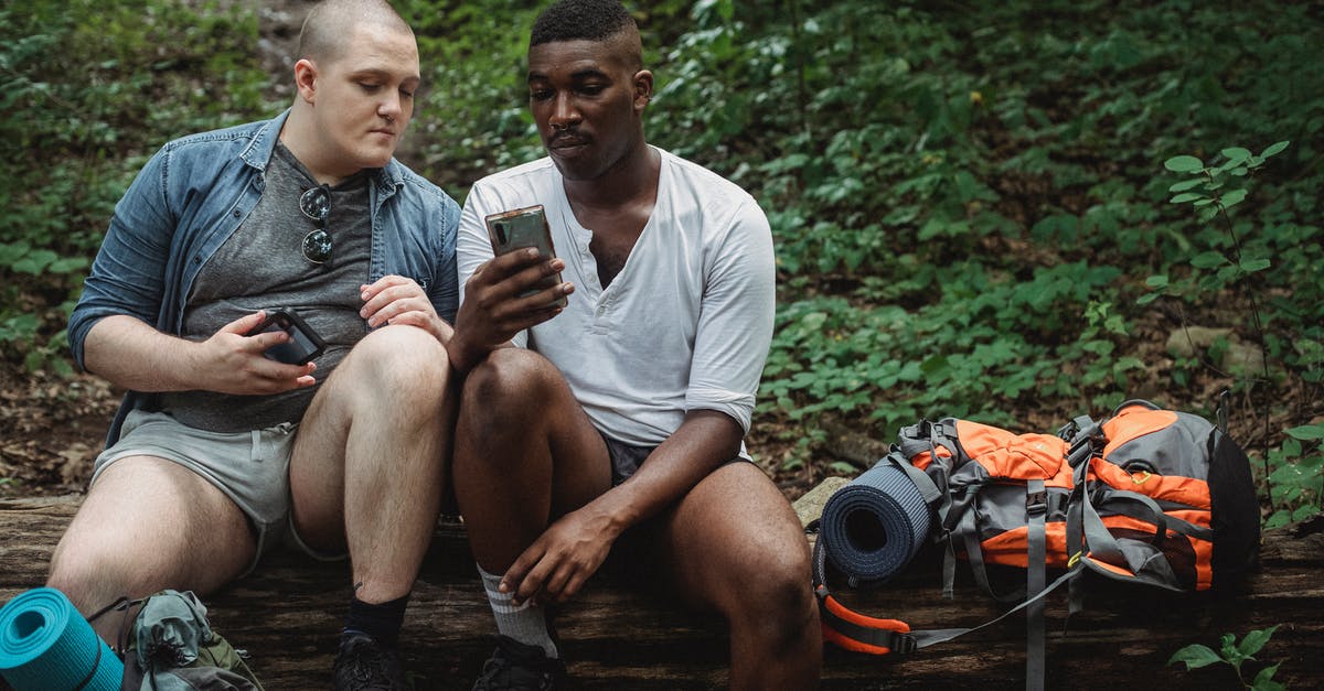 How to collect online travel information in a book? - Full body of concentrated multiracial male hikers surfing internet while resting on old brown horizontal log in forest in daytime How to collect online travel information in a book? - Full body of concentrated multiracial male hikers surfing internet while resting on old brown horizontal log in forest in daytime