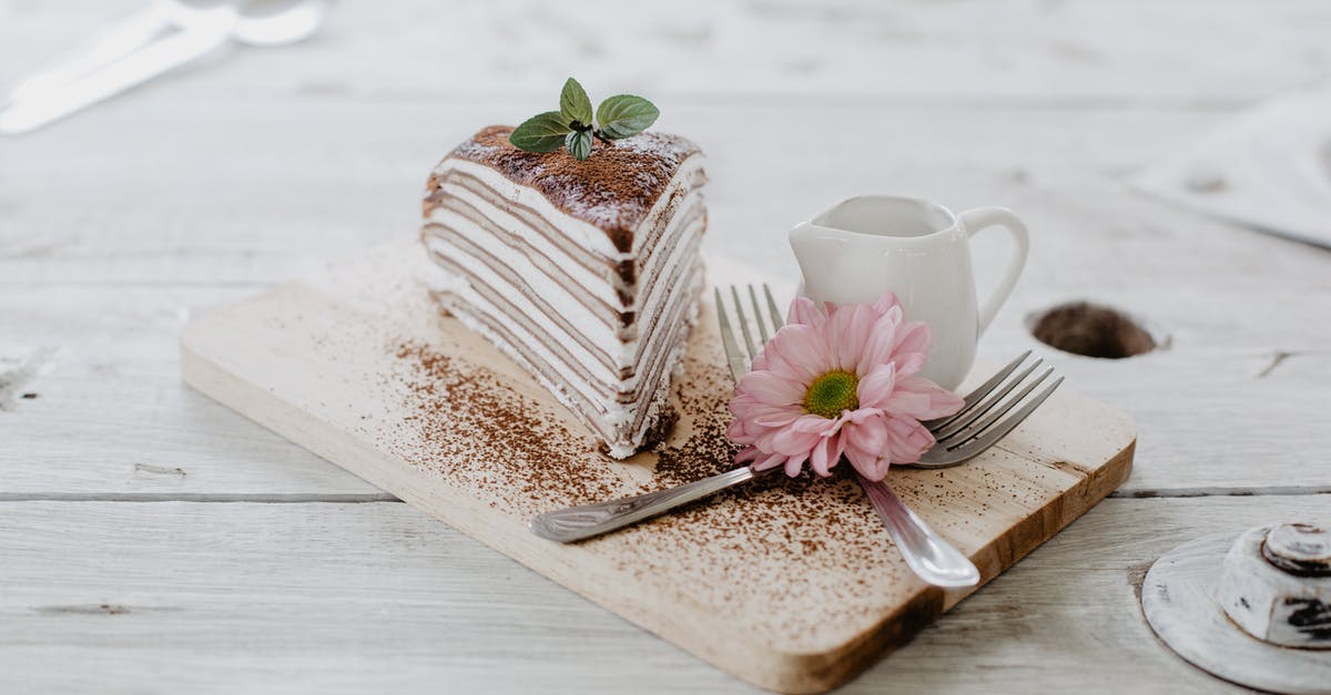 How to know ahead of time if food will be served during a flight? - From above of appetizing piece of cake decorated chocolate powder and mint leaves served near ceramic creamer and forks with light pink chrysanthemum on top placed on wooden board