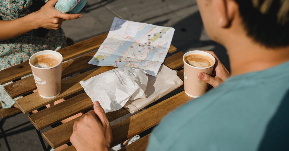 How to search for a flight when dates and cities are flexible but non-direct flights must not pass through a particular country? - Young couple drinking coffee while using instant photo camera