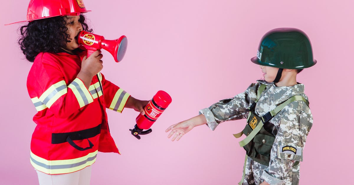I am a military spouse and I have a friend who is a veteran if we both show our military IDs is my friend allowed to come with me through security - Side view of multiracial children in military uniform and fireman costume with megaphone and fire extinguisher standing together on pink background in helmets
