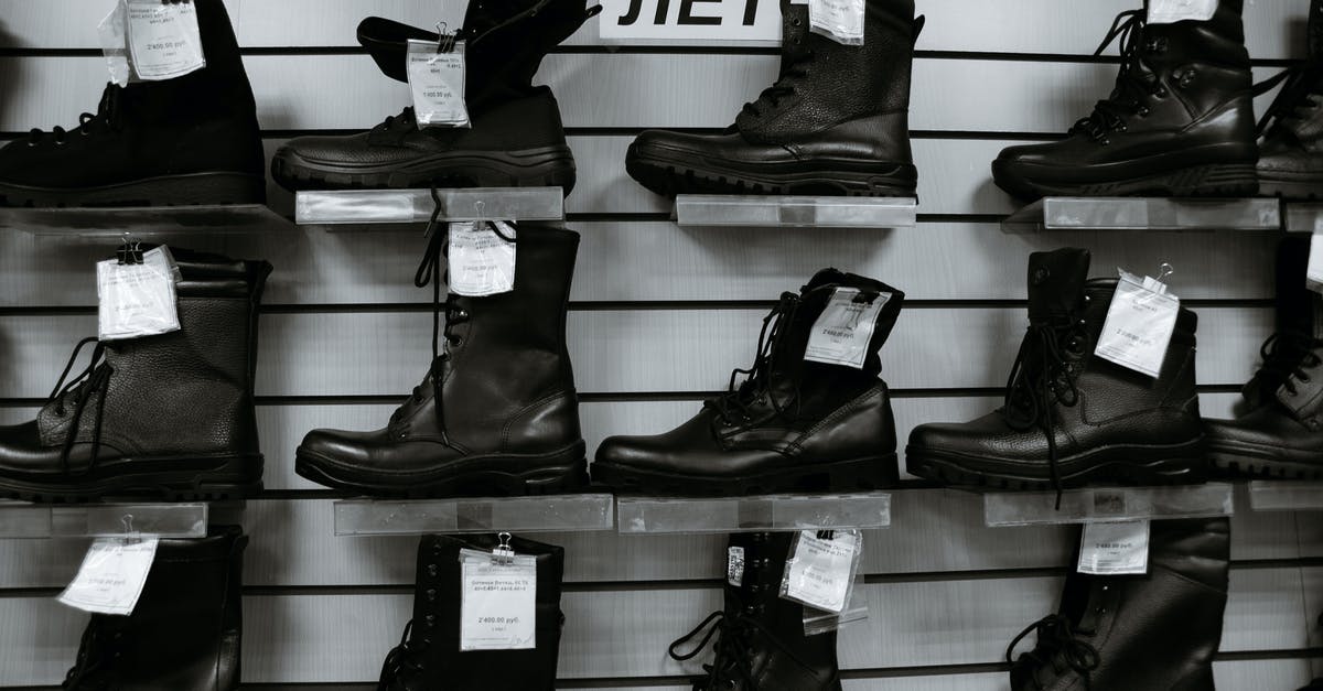 I need to buy a good quality bicycle in or near Amsterdam [closed] - Black and white high leather boots with laces placed on shelves in shop