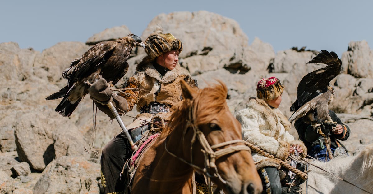 I put an incorrect nationality on my Air Asia booking - Mongolian horsemen with eagles riding on rocky terrain