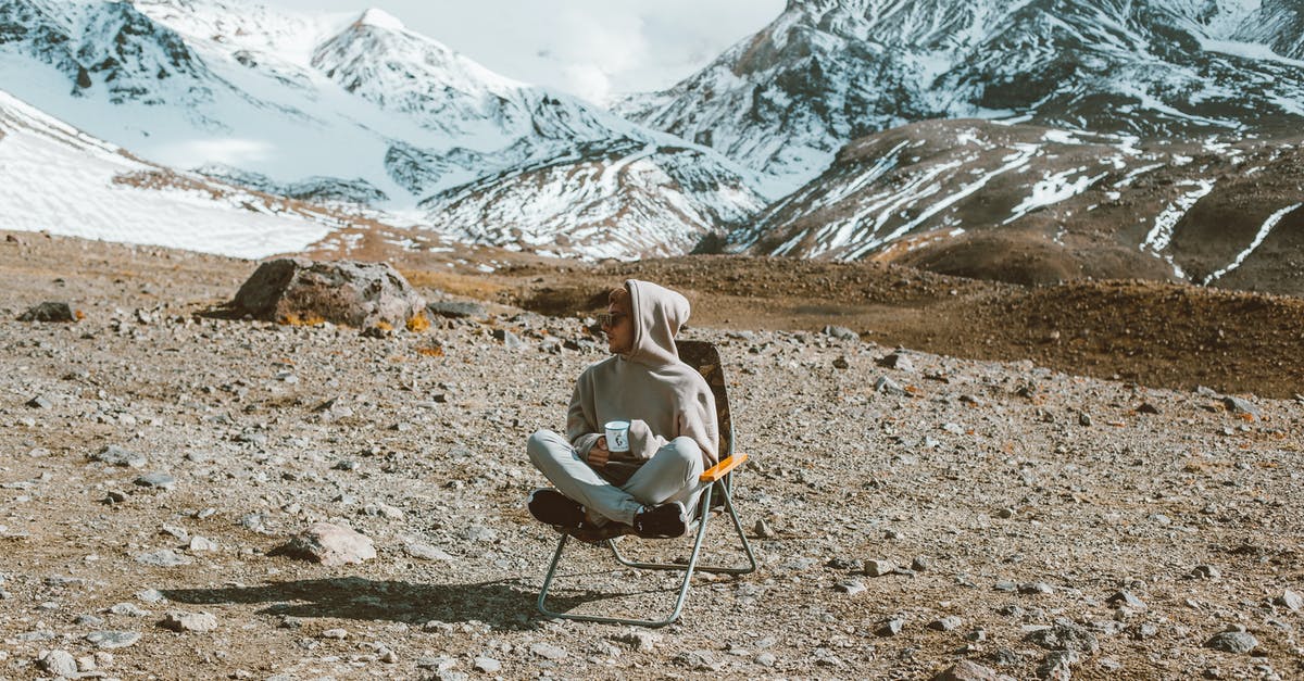 Ideas for a 5 to 7 day hike in Japan [closed] - Full body of man sitting on folding chair and drinking tea with high mountains covered with snow on background