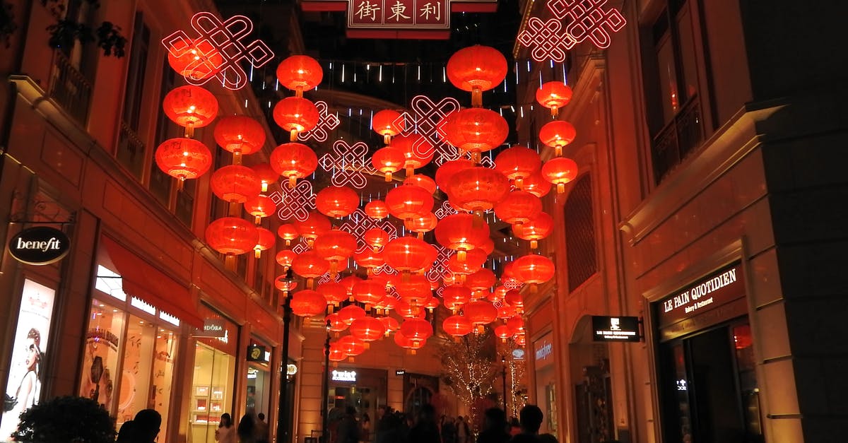 Images of Chinese logograms (characters) for traveler - Traditional Chinese lanterns hanging in street between buildings with people Images of Chinese logograms (characters) for traveler - Traditional Chinese lanterns hanging in street between buildings with people