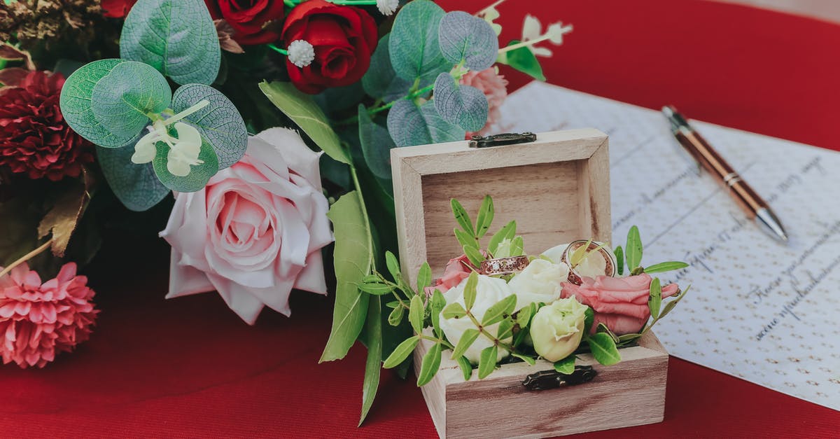 Is a certified copy of my marriage certificate sufficient proof of name change when traveling to the US? - From above of small box with wedding rings near bouquet of flowers and paper on red table