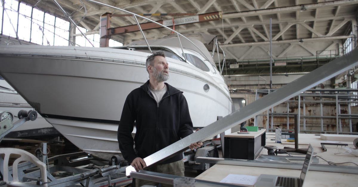 Is it possible to take a soldering iron aboard an airplane? - Side view of adult bearded workman in casual clothes standing near workbench and controlling metal detail in garage with yachts Is it possible to take a soldering iron aboard an airplane? - Side view of adult bearded workman in casual clothes standing near workbench and controlling metal detail in garage with yachts