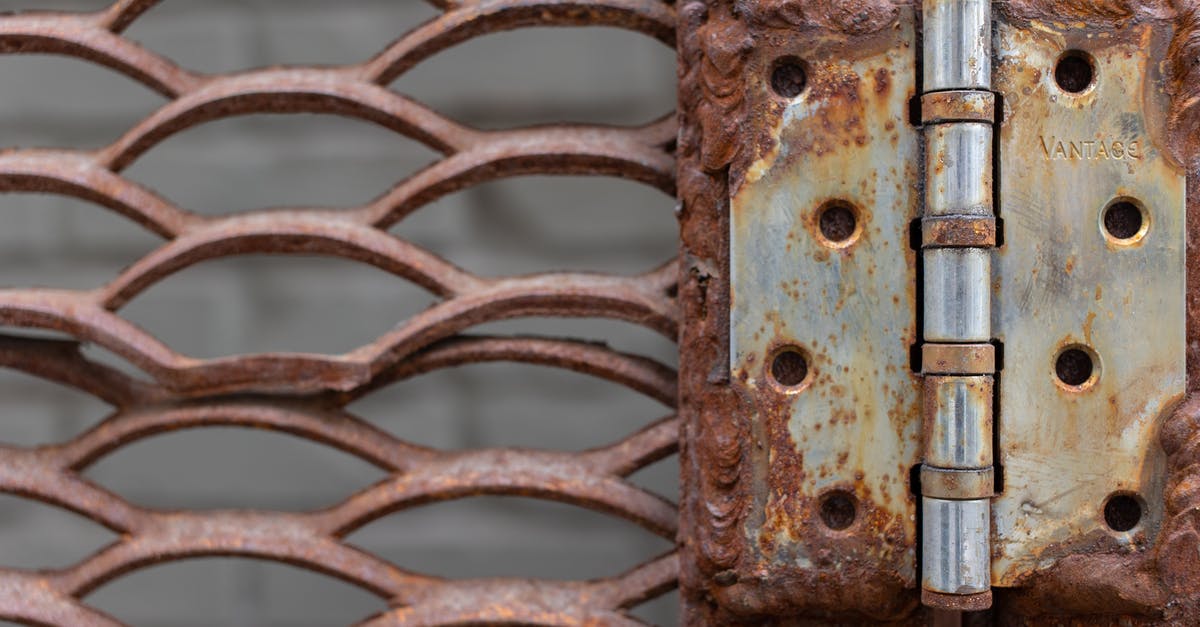 Is there a reason for heavy doors in hotels? [closed] - Old metal door hinge with weathered lattice